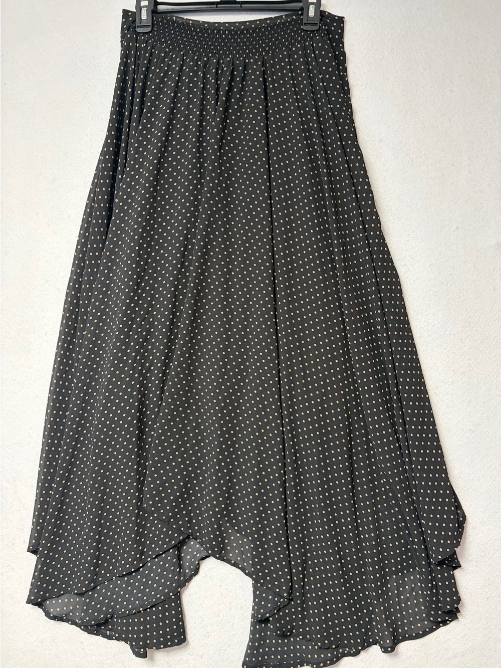 Free People Black Tan Polka Dot Asymmetrical Handkerchief Maxi Skirt Boho Size L - Picture 4 of 9